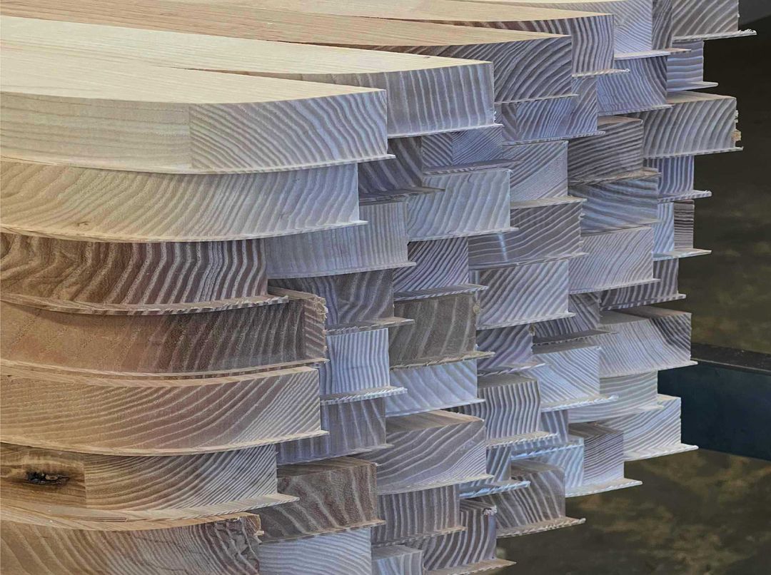 Stacked solid wood profiles in the Spals workshop